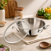 Vinod Platinum Extra Deep Kadai 30 cm 5.5 Litre with Glass Lid – Triply Stainless Steel Kadai – Gas & Induction Compatible