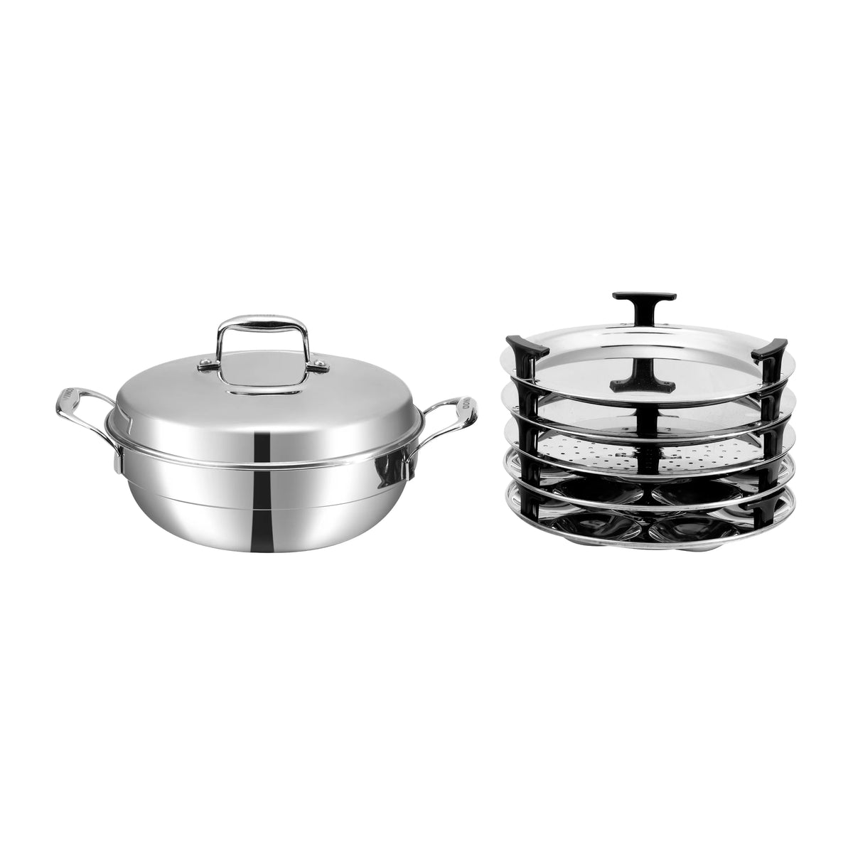 Vinod Platinum Multipurpose Kadai 26 cm – 4 L – 6 Steamer Plates – Triply Stainless Steel