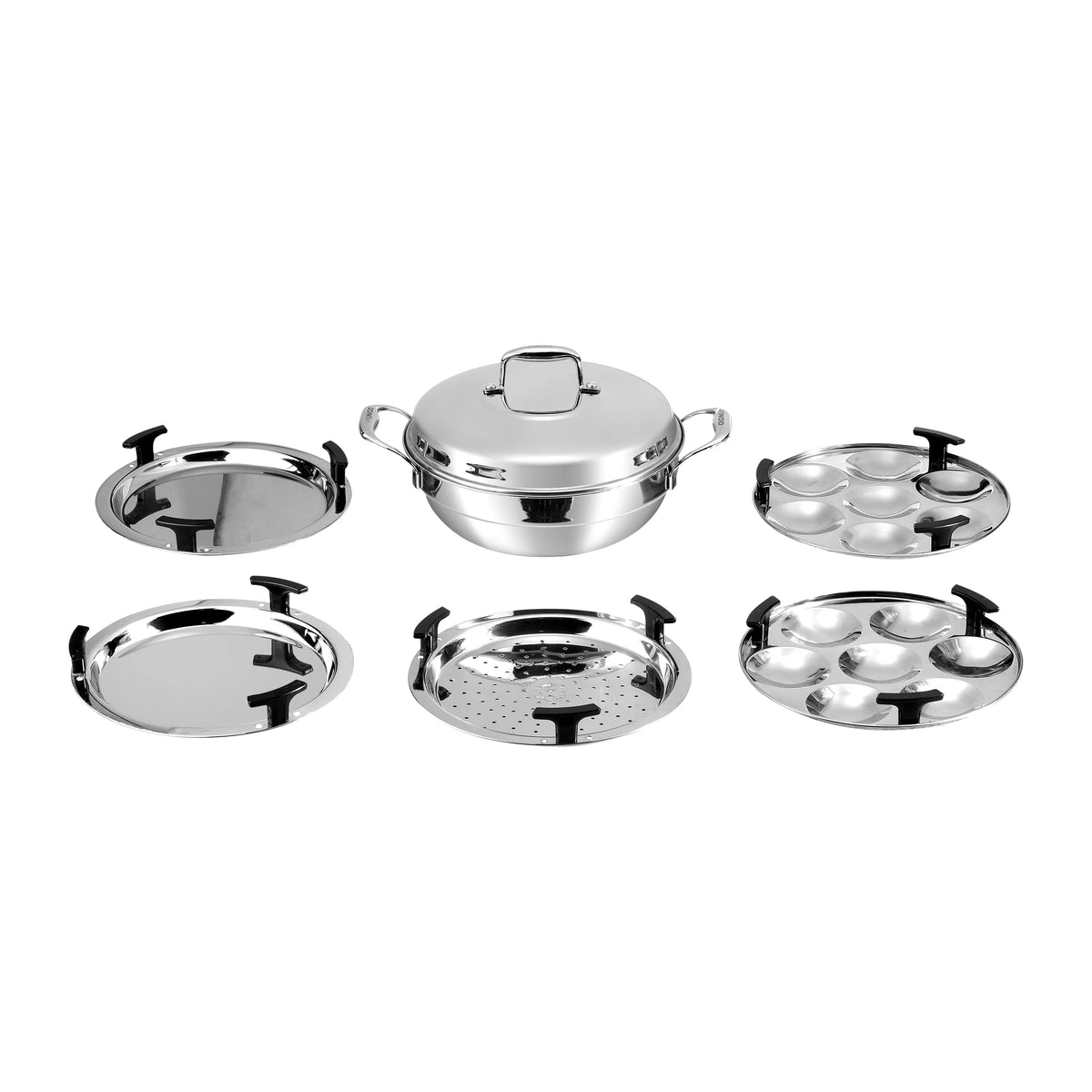 Vinod Platinum Multipurpose Kadai 26 cm – 4 L – 6 Steamer Plates – Triply Stainless Steel