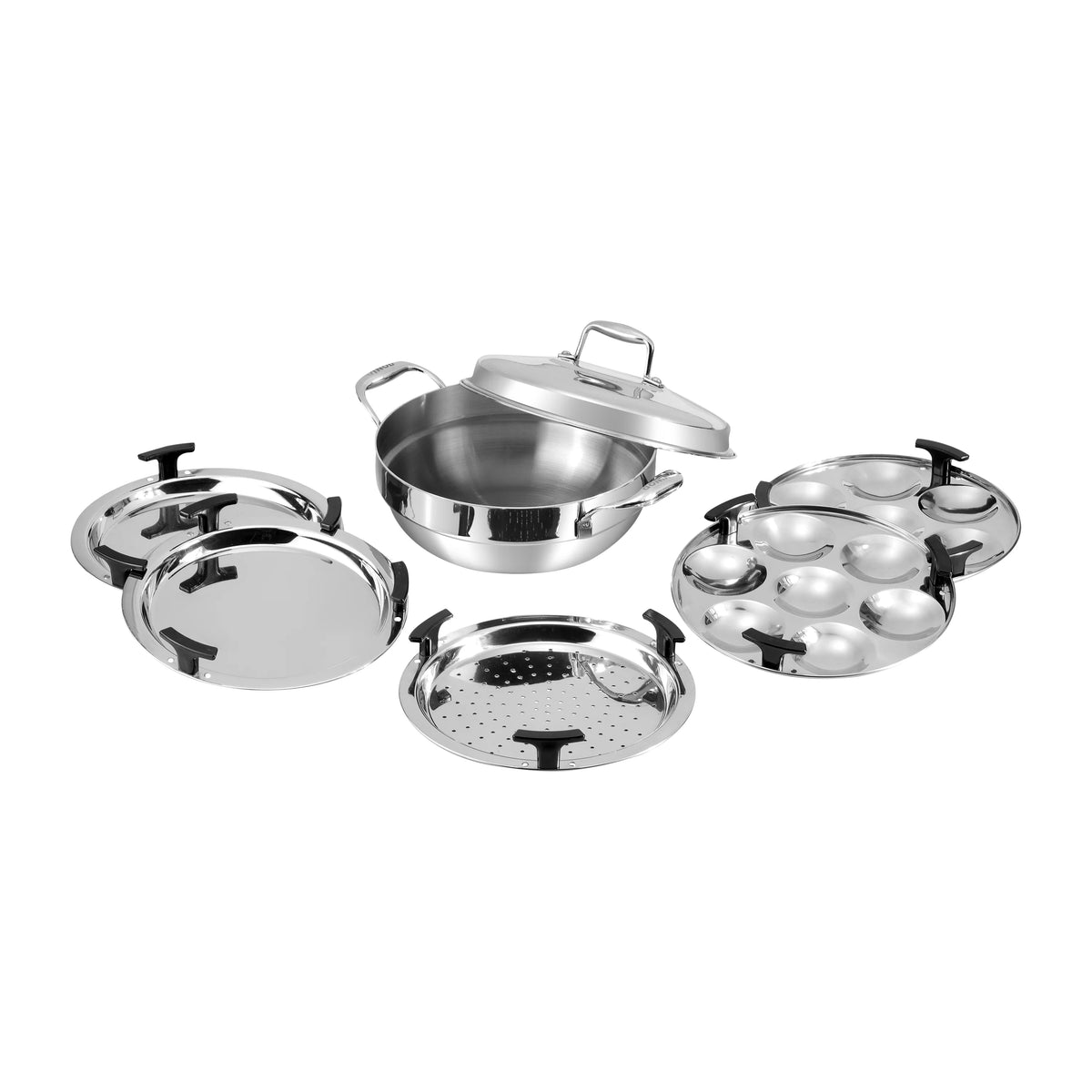 Vinod Platinum Multipurpose Kadai 26 cm – 4 L – 6 Steamer Plates – Triply Stainless Steel
