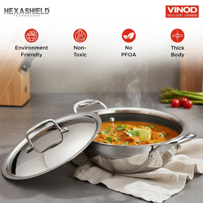 Vinod Platinum SAS Pro 24cm Extra Deep Triply Stainless Steel Kadai with Lid – 3.2L HexaShield Cookware – Induction, Gas & All Hob Compatible