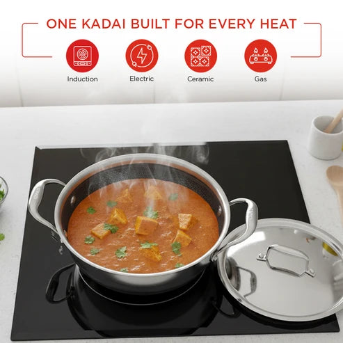 Vinod Platinum SAS Pro 24cm Extra Deep Triply Stainless Steel Kadai with Lid – 3.2L HexaShield Cookware – Induction, Gas & All Hob Compatible
