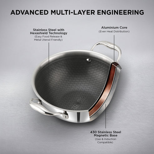 Vinod Platinum SAS Pro 26cm Extra Deep Triply Stainless Steel Kadai with Lid – 3.7L HexaShield Cookware – Induction, Gas & All Hob Compatible