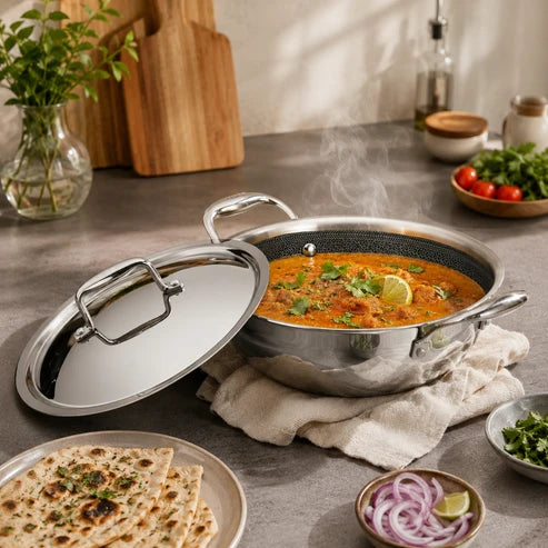 Vinod Platinum SAS Pro 26cm Extra Deep Triply Stainless Steel Kadai with Lid – 3.7L HexaShield Cookware – Induction, Gas & All Hob Compatible