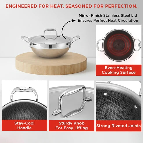 Vinod Platinum SAS Pro 26cm Extra Deep Triply Stainless Steel Kadai with Lid – 3.7L HexaShield Cookware – Induction, Gas & All Hob Compatible