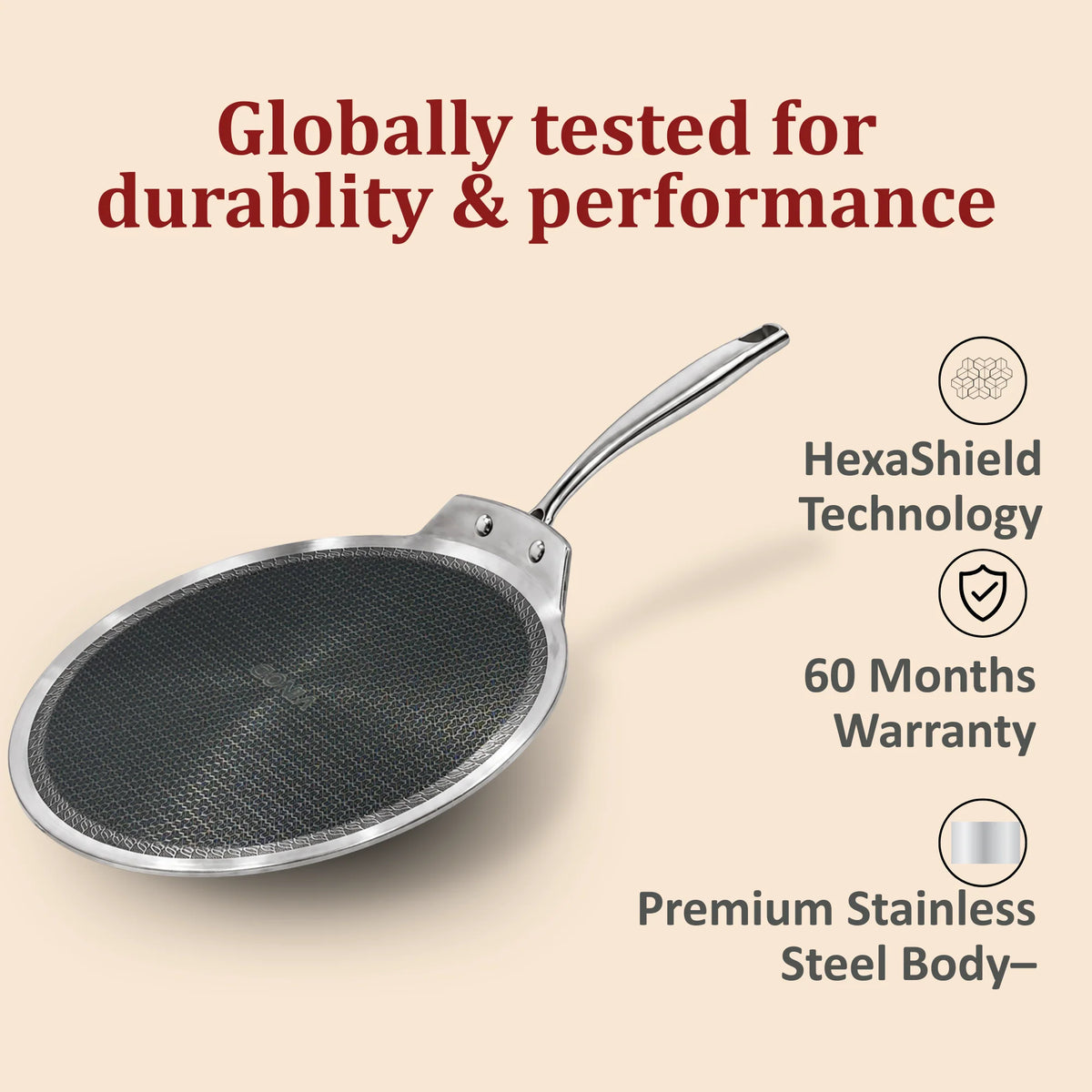 Vinod Platinum SAS PRO 28cm Flat Multi Purpose Triply Stainless Steel Tawa – 4mm HexaShield Technology – Induction & Gas Compatible