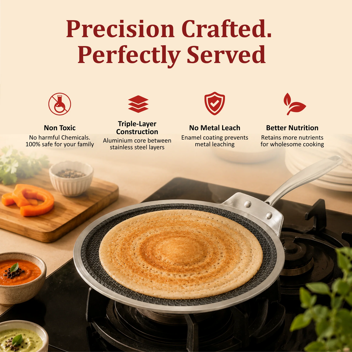 Vinod Platinum SAS PRO 28cm Flat Multi Purpose Triply Stainless Steel Tawa – 4mm HexaShield Technology – Induction & Gas Compatible