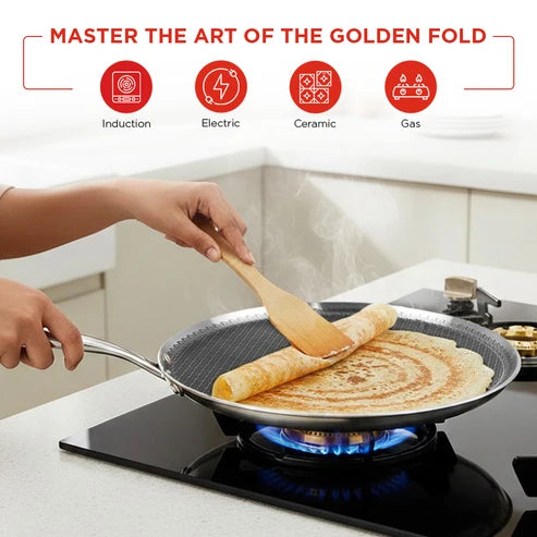 Vinod Platinum SAS Pro 28cm Extra-Thick Triply Stainless Steel Dosa Tawa – HexaShield Technology – Induction & Gas Compatible
