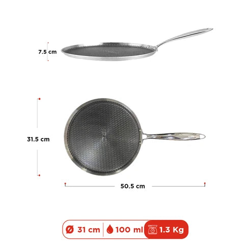 Vinod Platinum SAS Pro 31cm Triply Stainless Steel Dosa Tawa – 4mm Extra Thick HexaShield Tawa – Induction, Gas & All Hob Compatible