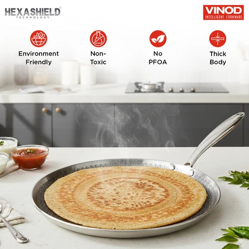 Vinod Platinum SAS Pro 31cm Triply Stainless Steel Dosa Tawa – 4mm Extra Thick HexaShield Tawa – Induction, Gas & All Hob Compatible
