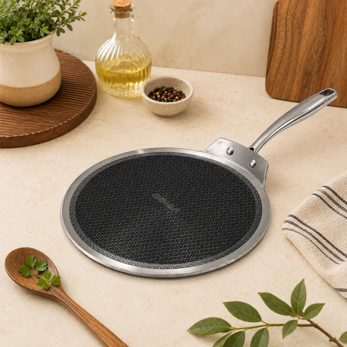 Vinod Platinum SAS PRO Flat Multi Tawa 30 cm with HexaShield Technology and 4mm triply stainless steel construction
