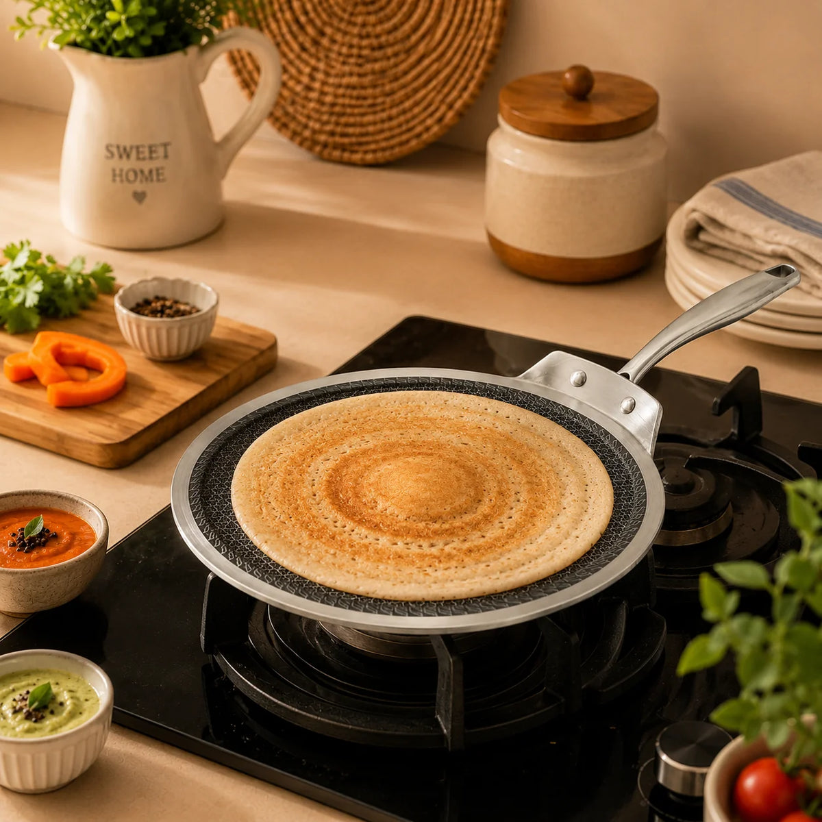 Vinod Platinum SAS PRO Flat Multi Tawa 30 cm – 4mm Triply Stainless Steel HexaShield Tawa – Induction & Gas Compatible