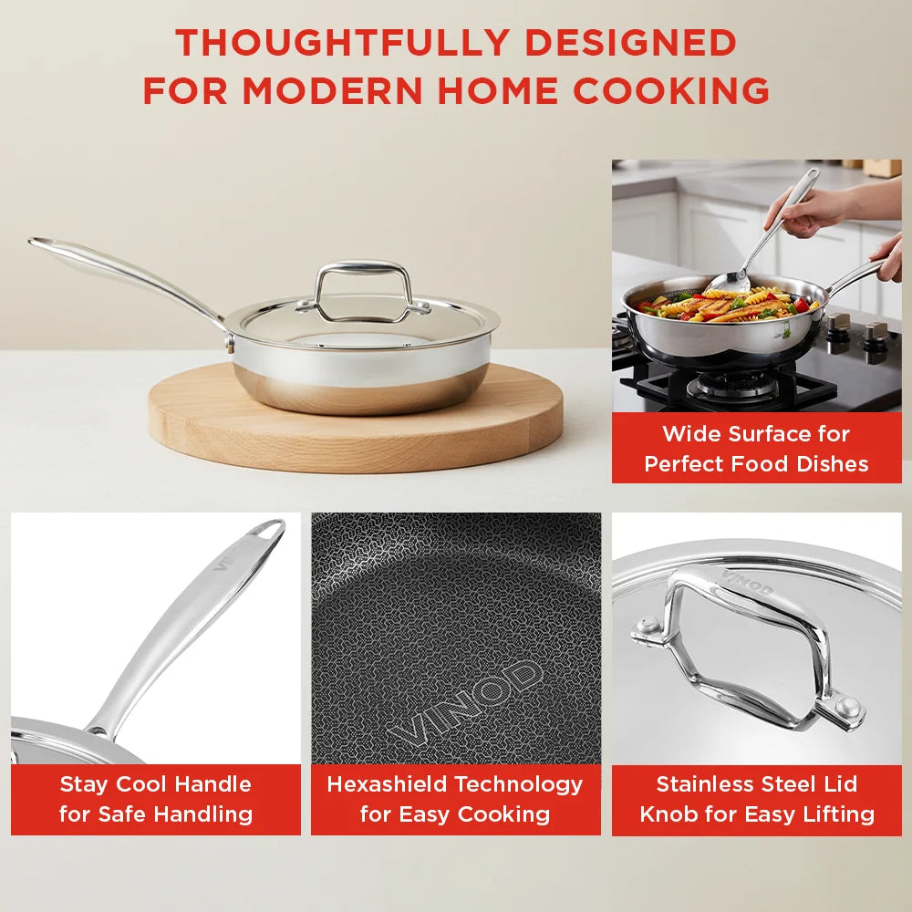 Vinod Platinum SAS PRO Saute Pan with Lid 20 cm 1.8 Litre – Triply Stainless Steel Saute Pan – Induction, Gas, Electric & Ceramic Compatible