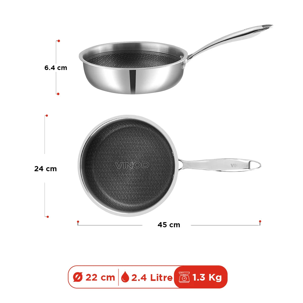 Vinod Platinum SAS PRO Saute Pan with Lid 22 cm 2.4 Litre – Triply Stainless Steel Saute Pan – Induction, Gas, Electric & Ceramic Compatible