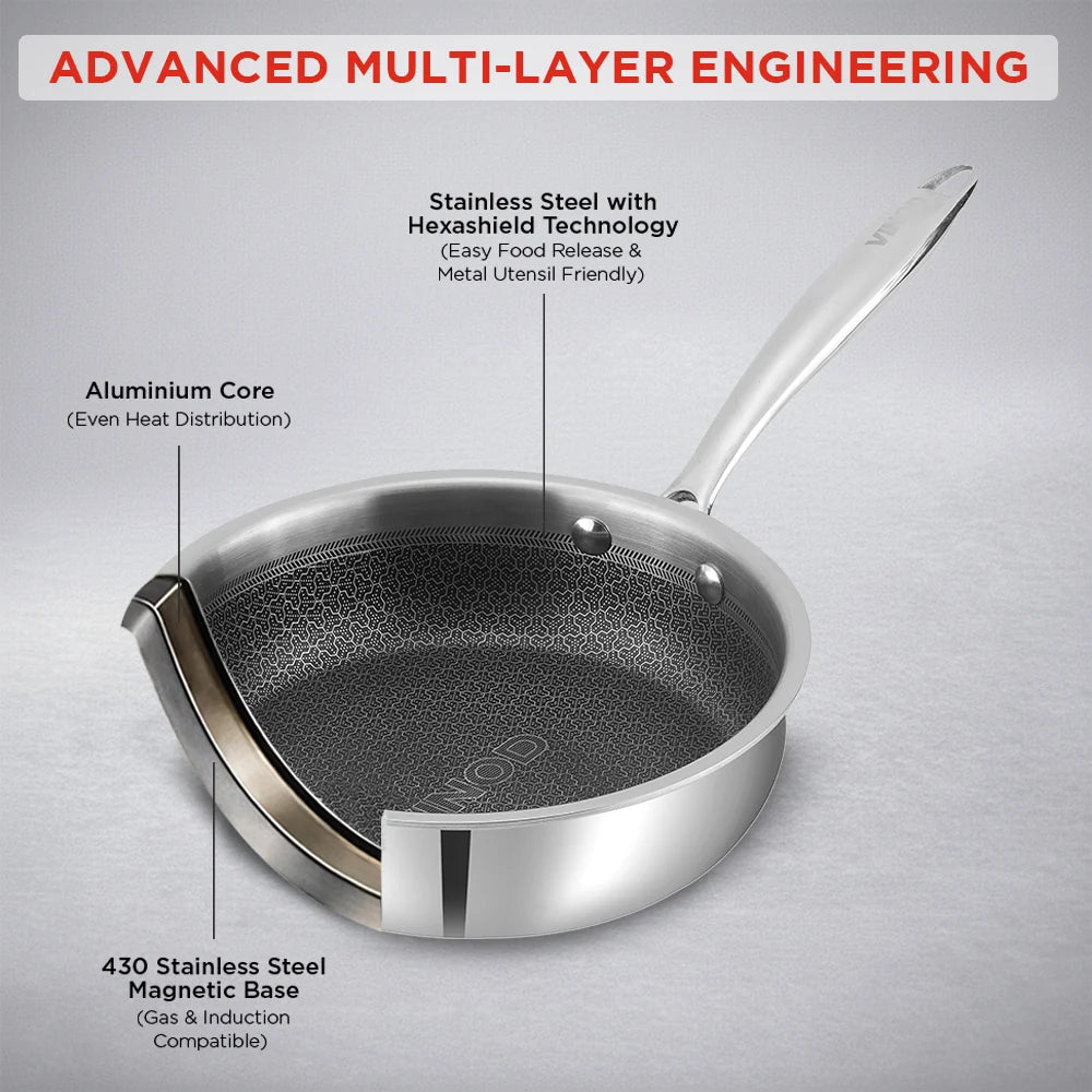 Vinod Platinum SAS PRO Saute Pan with Lid 22 cm 2.4 Litre – Triply Stainless Steel Saute Pan – Induction, Gas, Electric & Ceramic Compatible