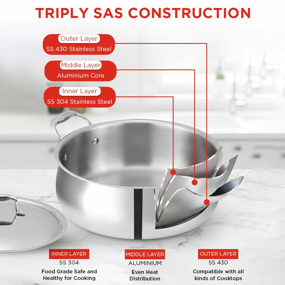 Vinod Platinum Triply Chef's Lagan Pot 24 cm – Stainless Steel Triply Lagan with Lid – Induction, Gas, Electric & Ceramic Compatible