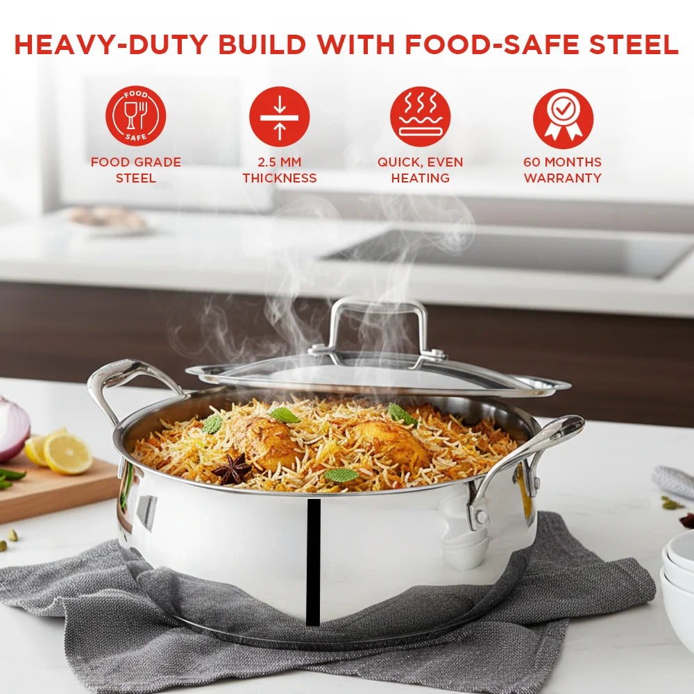 Vinod Platinum Triply Chef's Lagan Pot 24 cm – Stainless Steel Triply Lagan with Lid – Induction, Gas, Electric & Ceramic Compatible