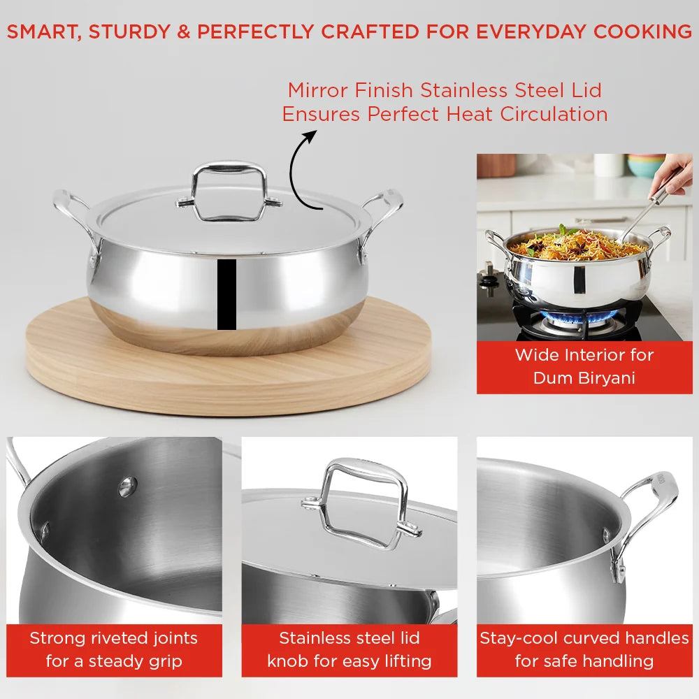 Vinod Platinum Triply Chef's Lagan Pot 28 cm – Stainless Steel Triply Lagan with Lid – Induction, Gas, Electric & Ceramic Compatible