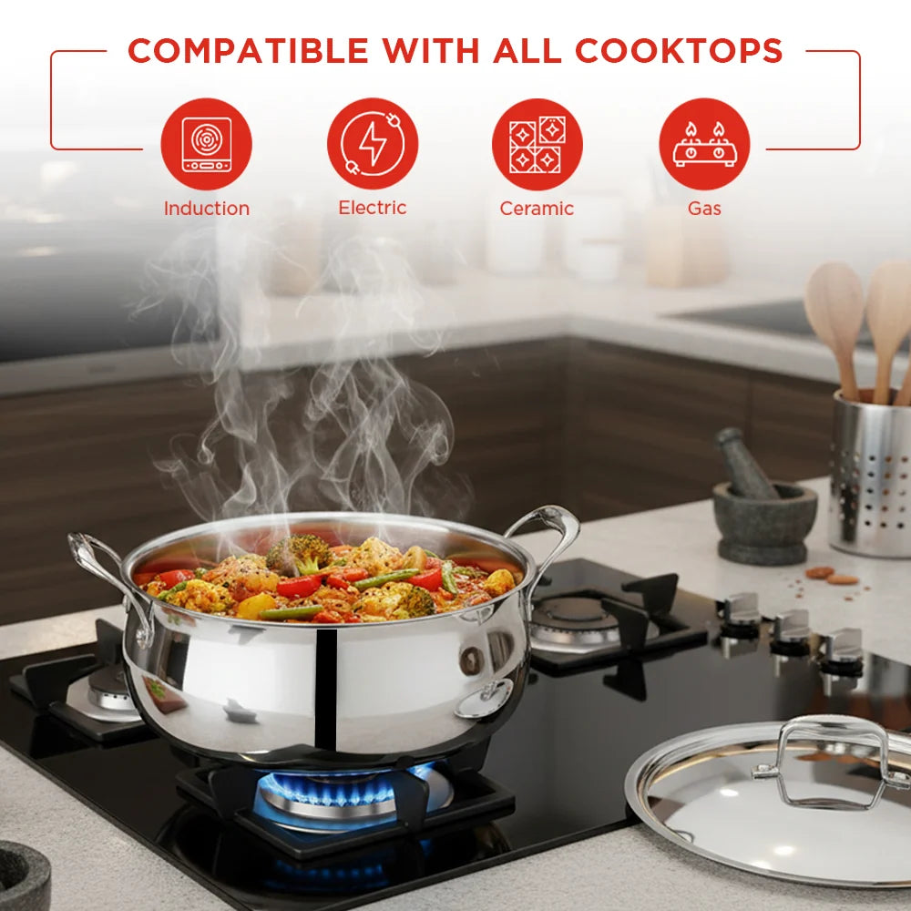 Vinod Platinum Triply Chef's Lagan Pot 32 cm – Stainless Steel Triply Lagan with Lid – Induction, Gas, Electric & Ceramic Compatible
