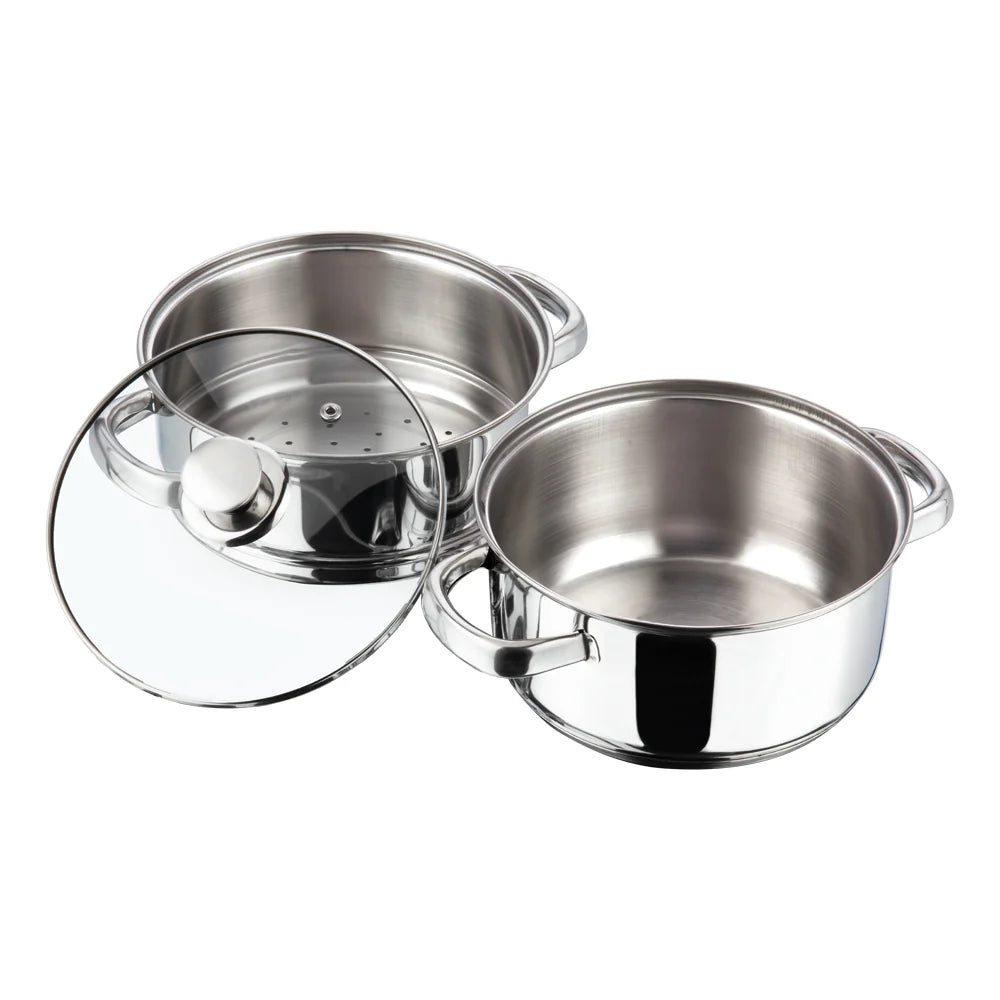 Vinod Stainless Steel 2 Tier Steamer with Glass Lid 18 cm – SAS Bottom Steamer – Induction & Gas Compatible