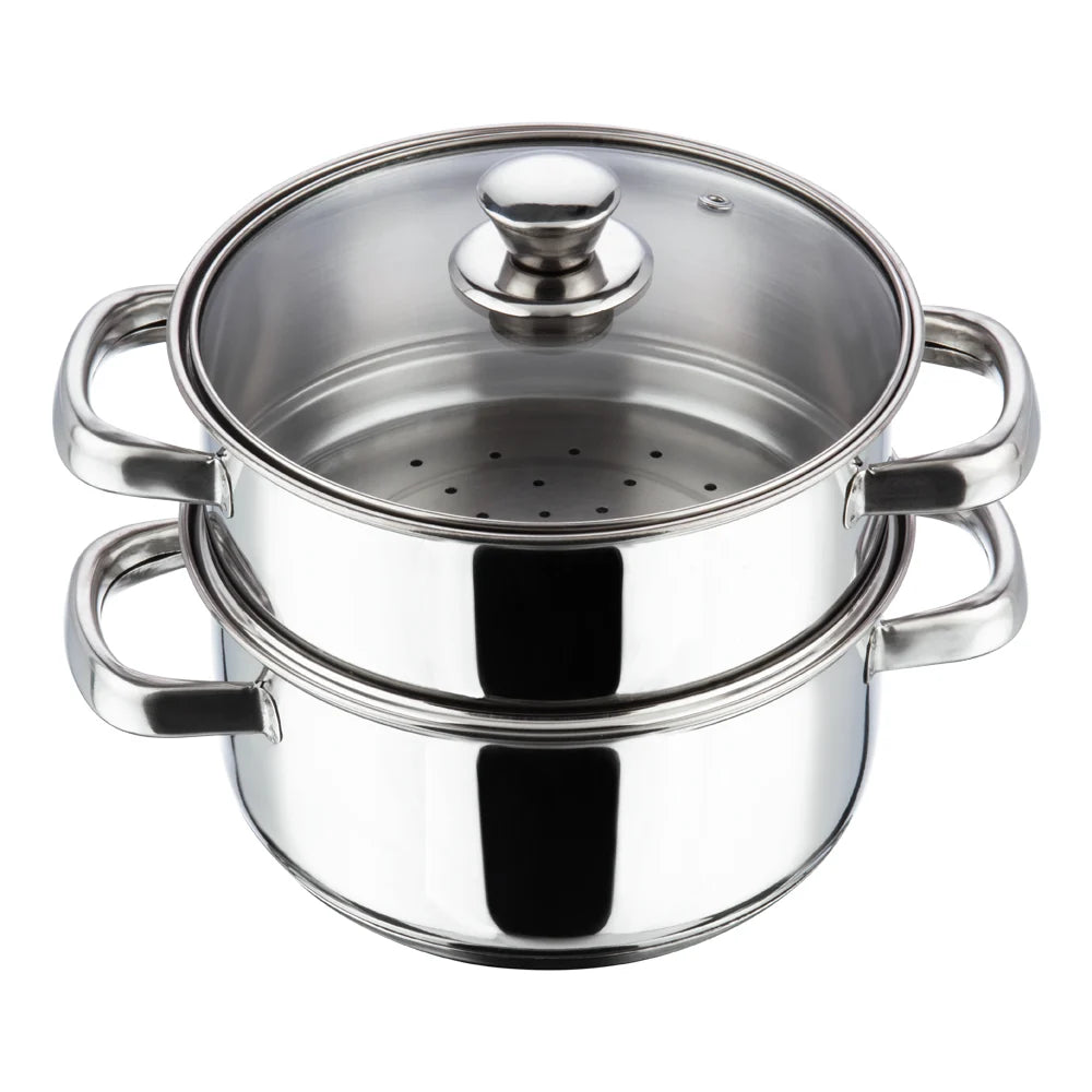 Vinod Stainless Steel 2 Tier Steamer with Glass Lid 18 cm – SAS Bottom Steamer – Induction & Gas Compatible