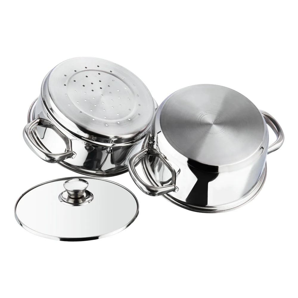 Vinod Stainless Steel 2 Tier Steamer with Glass Lid 24 cm – SAS Bottom Steamer – Induction & Gas Compatible