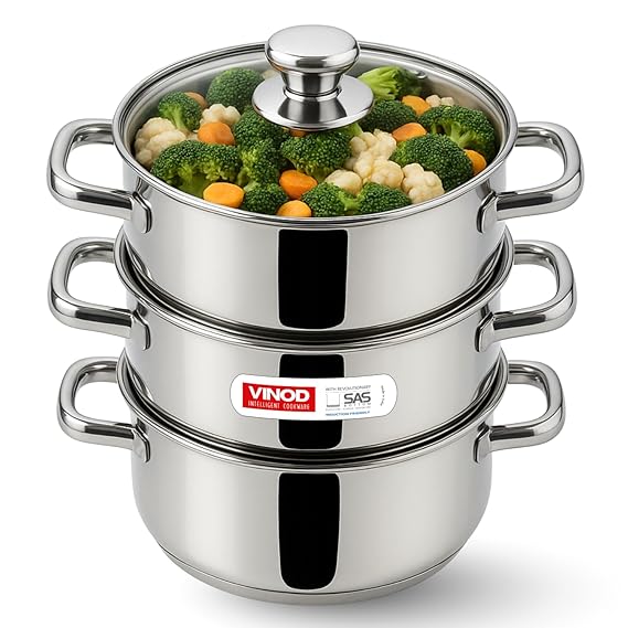 Vinod Stainless Steel 3 Tier Steamer Set 24 cm with Glass Lid – SAS Bottom – Induction & Gas Compatible