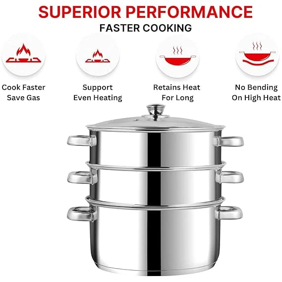 Vinod Stainless Steel 3 Tier Steamer Set 24 cm with Glass Lid – SAS Bottom – Induction & Gas Compatible