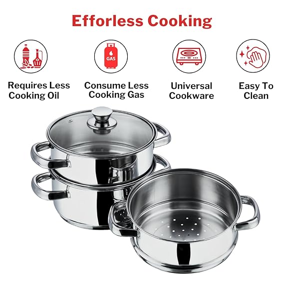 Vinod Stainless Steel 3 Tier Steamer Set 24 cm with Glass Lid – SAS Bottom – Induction & Gas Compatible
