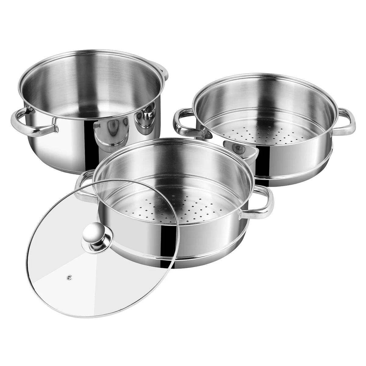 Vinod Stainless Steel 3 Tier Steamer Set 24 cm with Glass Lid – SAS Bottom – Induction & Gas Compatible