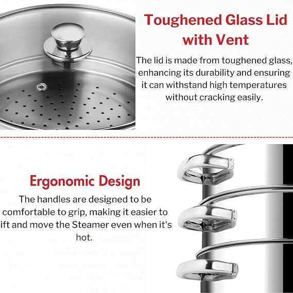 Vinod Stainless Steel 3 Tier Steamer Set 24 cm with Glass Lid – SAS Bottom – Induction & Gas Compatible
