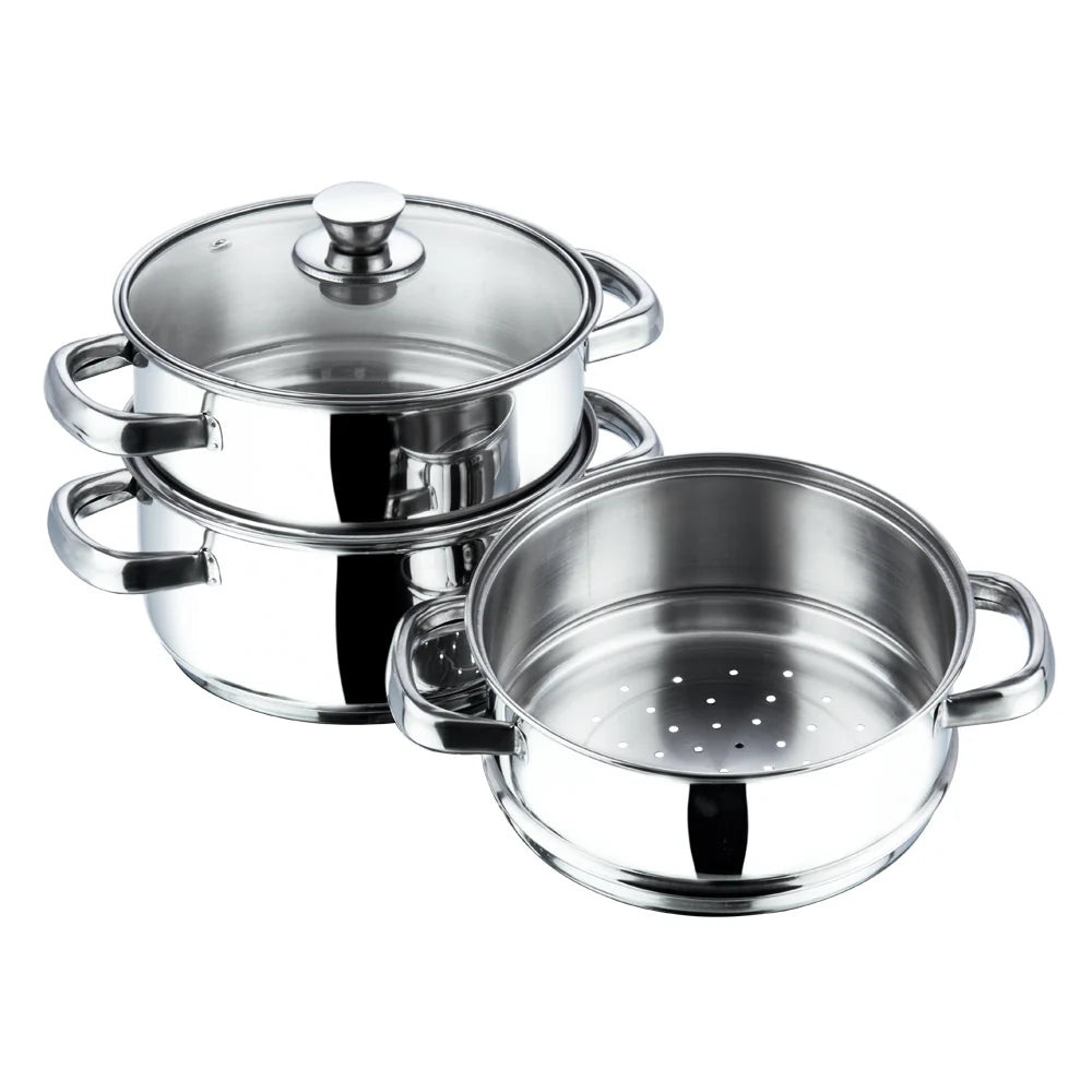 Vinod Stainless Steel 3 Tier Steamer Set 24 cm with Glass Lid – SAS Bottom – Induction & Gas Compatible