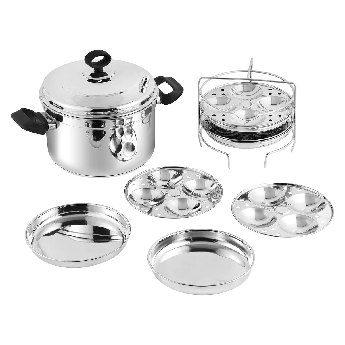 Vinod Stainless Steel Idli Cooker with SS Lid 6 Pieces – Large Multi Pot – SAS Bottom – Induction & Gas Compatible
