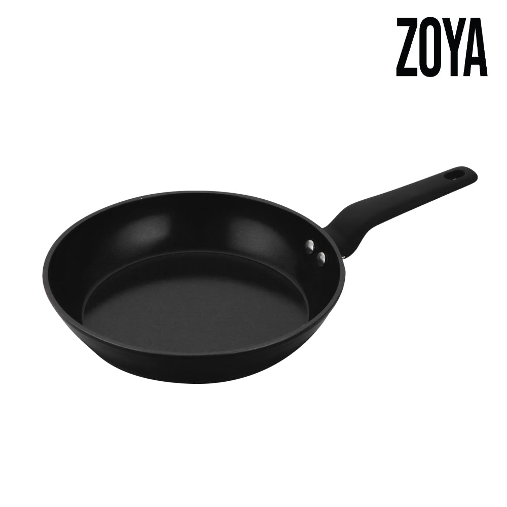 Zoya 24cm Black Aluminium Frying Pan with ceramic non-stick coating, induction compatible, dishwasher safe cookware for UK kitchens.