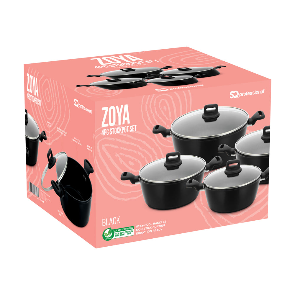 A Zoya 4-piece black stockpot set shown in its salmon pink and white product box, which displays the pots, their glass lids, and product features.