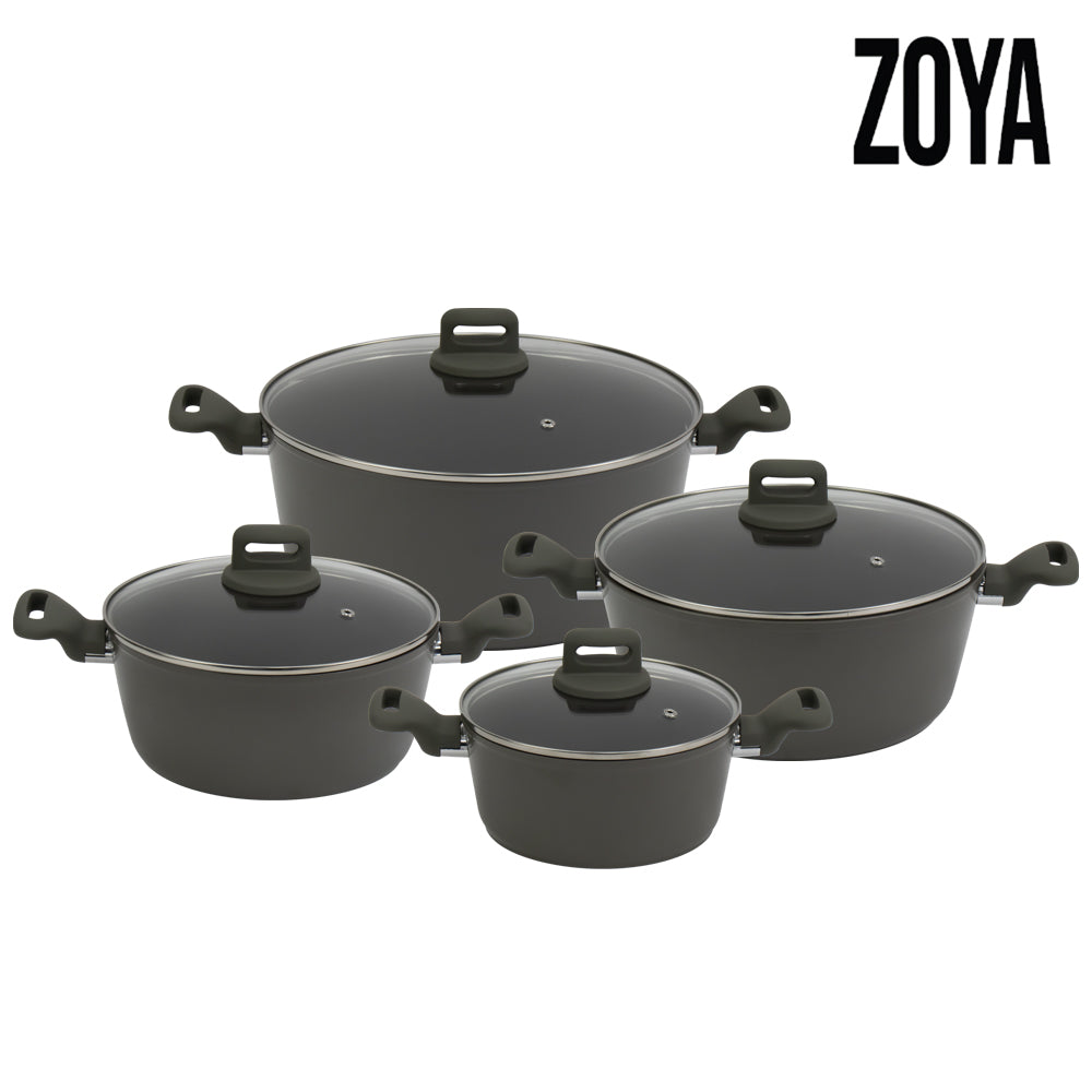 Alt Text: Zoya stockpot set 4 piece in Ash colour with tempered glass lids, non-stick induction cookware
