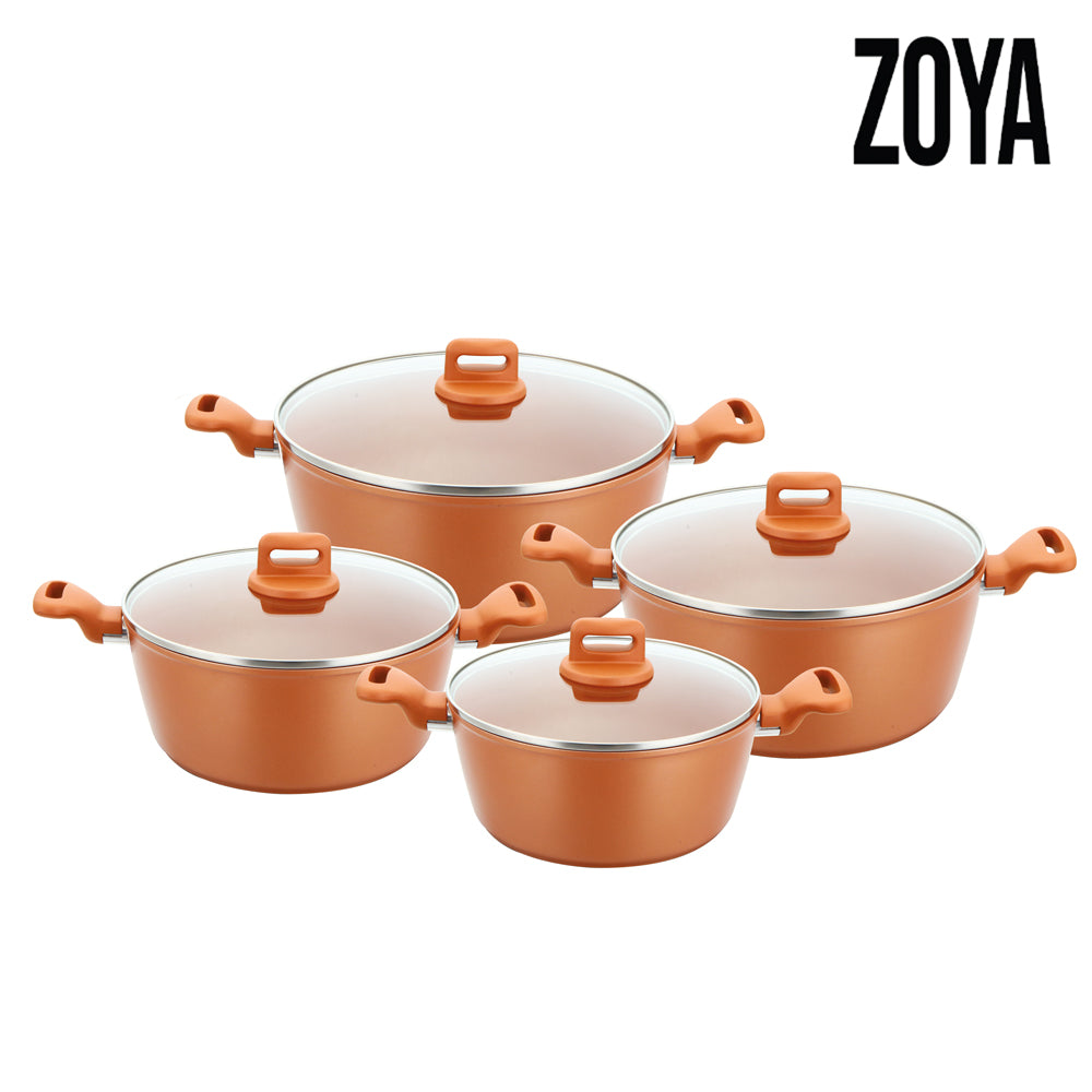 Zoya stockpot set 4pc copper – non-stick induction ready cookware with glass lids