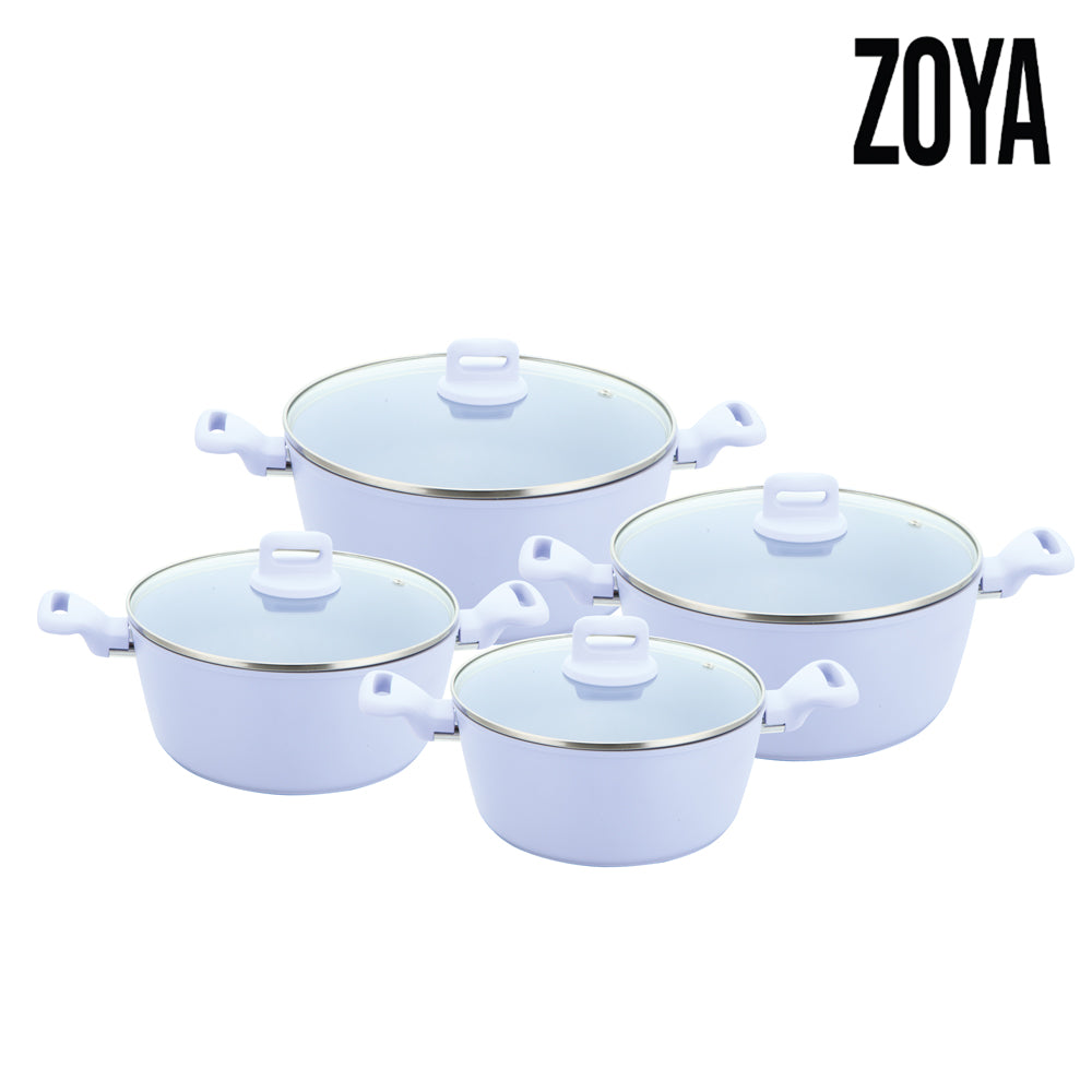 Zoya stockpot set 4 piece in Purple colour with glass lids, non-stick induction cookware